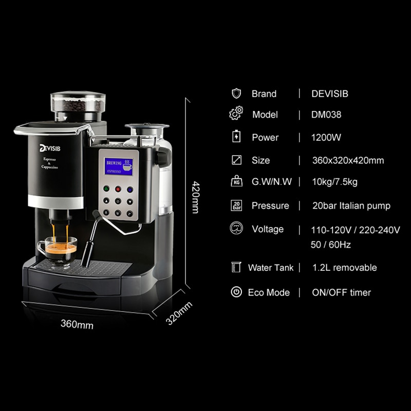 DEVISIB Professional All-in-One Espresso Coffee Machine Americano Maker  with Bean Grinder and Milk Frother